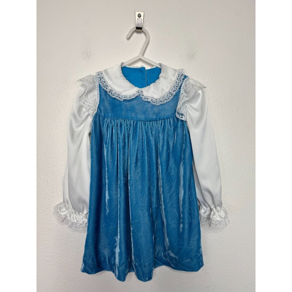 Made With Love by Grandma 18M-2T Velvet Dress Blue Peter Pan Lace Collar Vintage